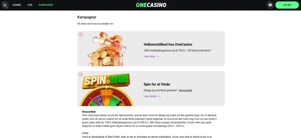 OneCasinos danske kampagneside med velkomstbonus og centrale bonusvilkår synlige