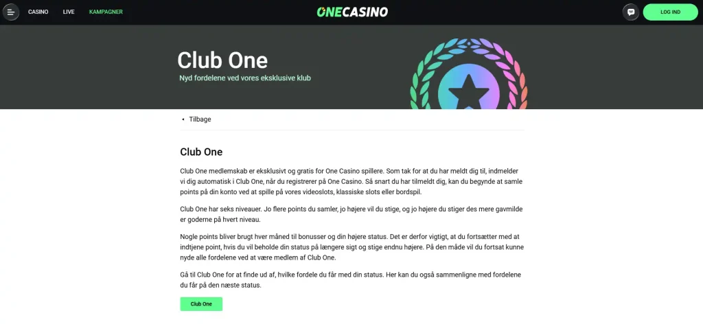 OneCasinos Club One-side med statusstrukturen Guest til Supreme synlig
