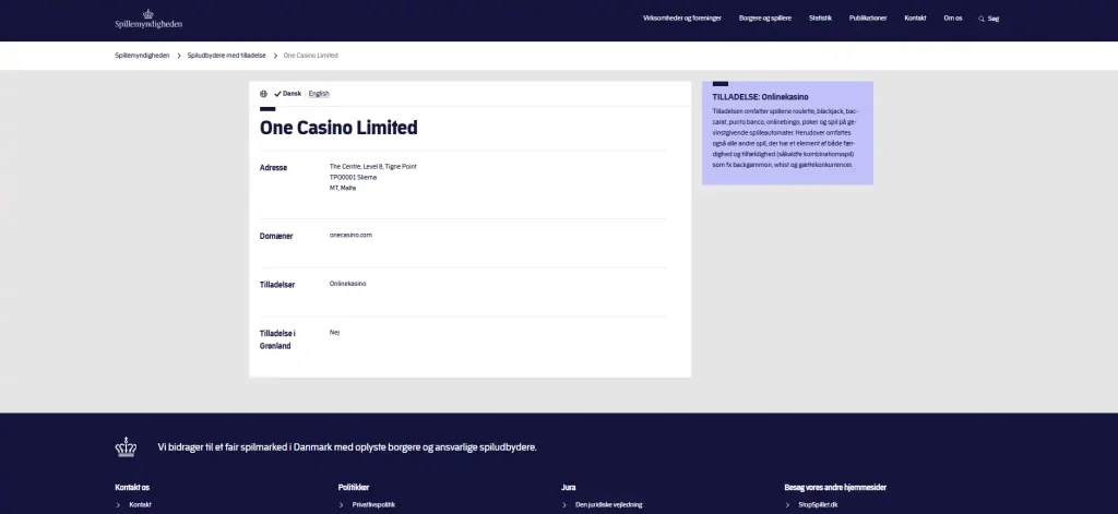 Spillemyndighedens side med One Casino Limited og onecasino.com i listen over tilladte onlinecasino-udbydere