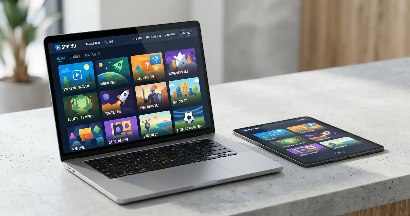 Tablet og laptop med abstrakte farverige spilfelter i et roligt redaktionelt miljø