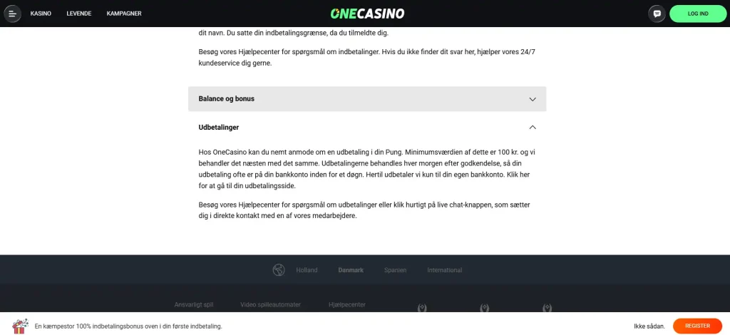 OneCasinos danske information om udbetaling og behandling af udbetalingsanmodninger